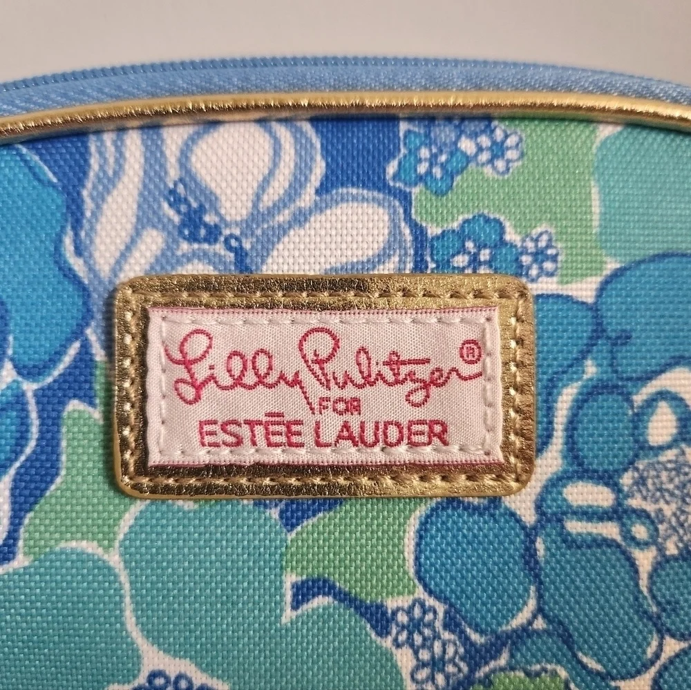 Lilly Pulitzer Estee Lauder Blue Green Floral Butterflies Cosmetic Makeup Bag
